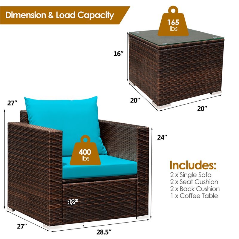Pemberly Row 3Pcs Contemporary Rattan Patio Furniture Set w/ Cushions-Turquoise