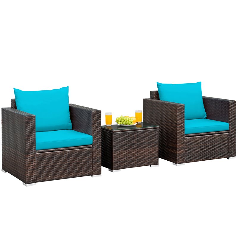 Pemberly Row 3Pcs Contemporary Rattan Patio Furniture Set w/ Cushions-Turquoise