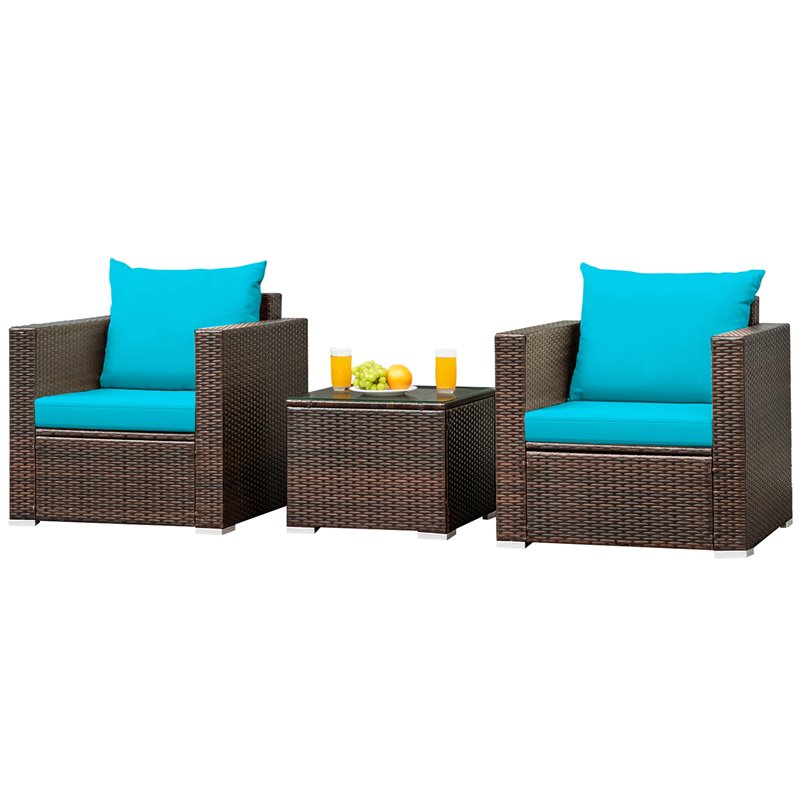 Pemberly Row 3Pcs Contemporary Rattan Patio Furniture Set w/ Cushions-Turquoise