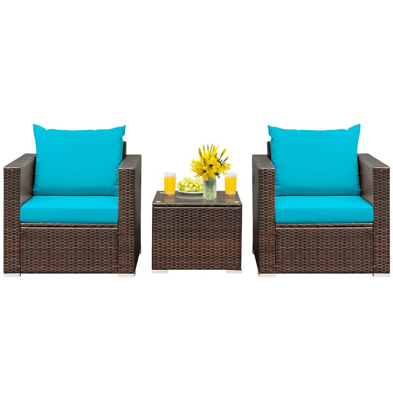 Pemberly Row 3Pcs Contemporary Rattan Patio Furniture Set w/ Cushions-Turquoise