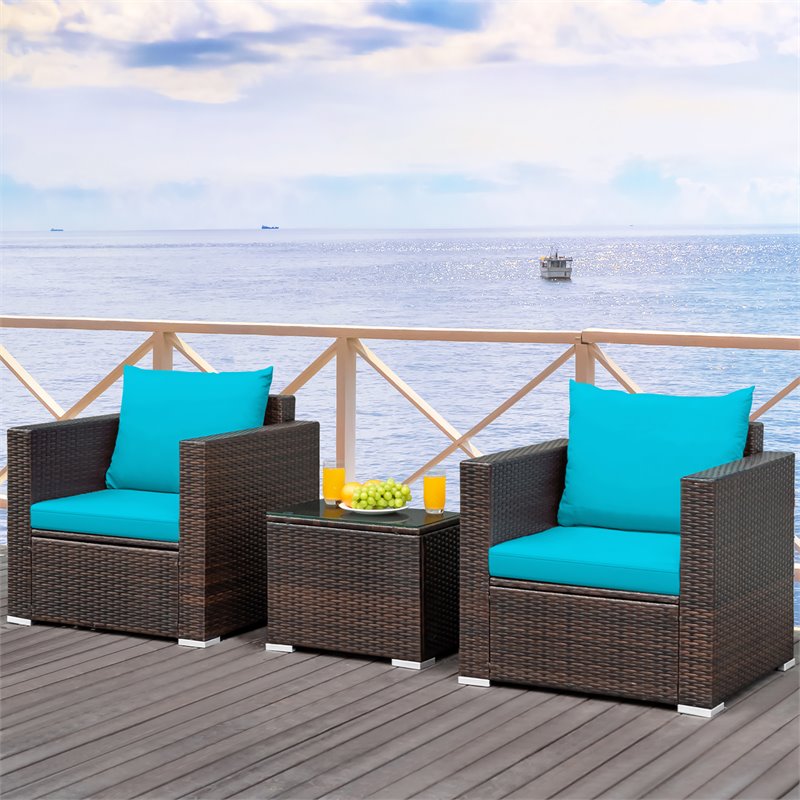Pemberly Row 3Pcs Contemporary Rattan Patio Furniture Set w/ Cushions-Turquoise