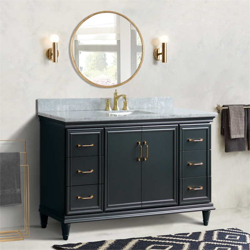 Pemberly Row Single Wooden Vanity Gray White Carrara Marble Rectangle Sink