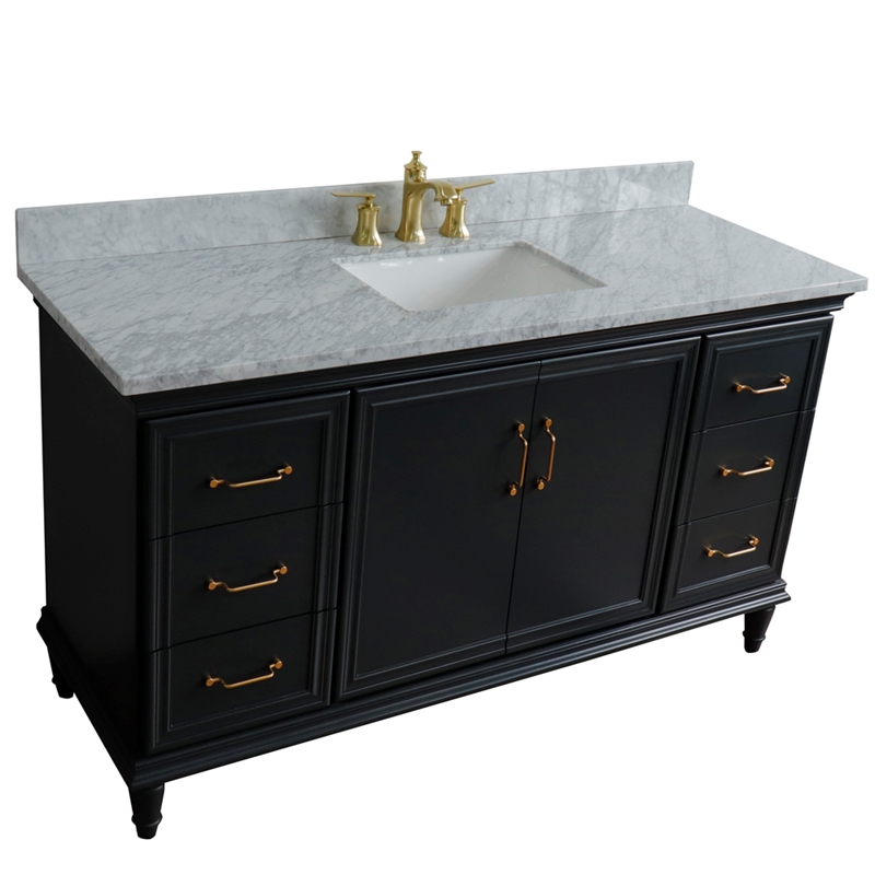 Pemberly Row Single Wooden Vanity Gray White Carrara Marble Rectangle Sink