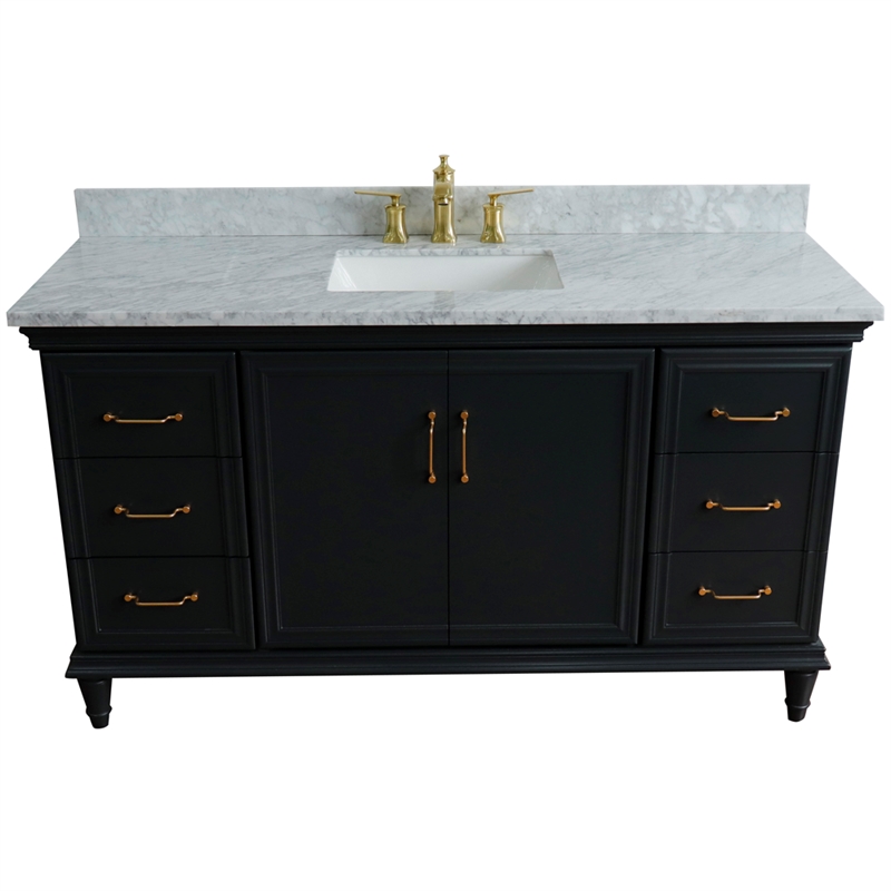 Pemberly Row Single Wooden Vanity Gray White Carrara Marble Rectangle Sink