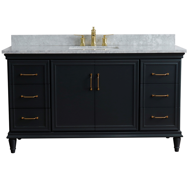 Pemberly Row Single Wooden Vanity Gray White Carrara Marble Rectangle Sink