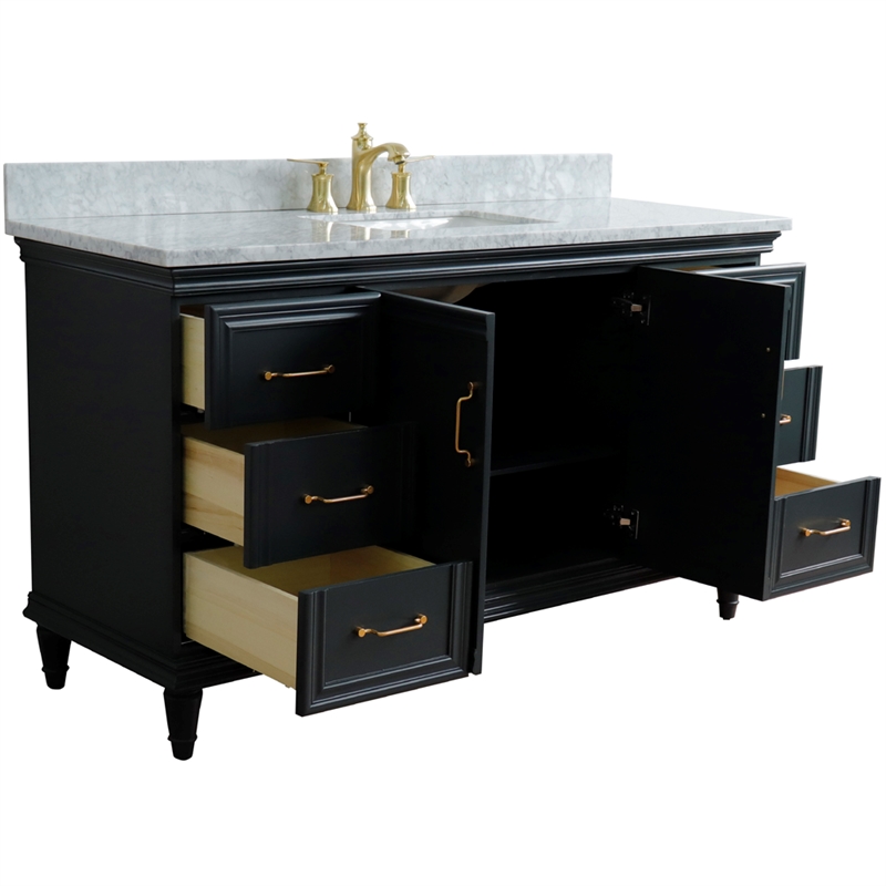 Pemberly Row Single Wooden Vanity Gray White Carrara Marble Rectangle Sink