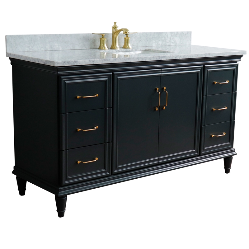 Pemberly Row Single Wooden Vanity Gray White Carrara Marble Rectangle Sink