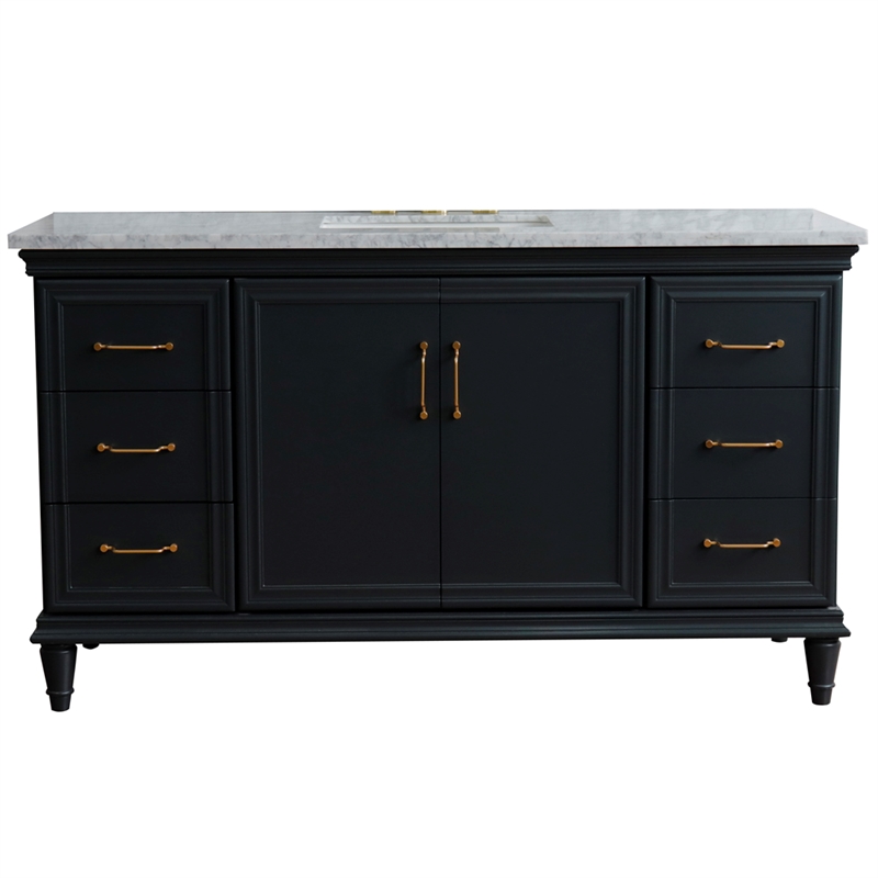 Pemberly Row Single Wooden Vanity Gray White Carrara Marble Rectangle Sink