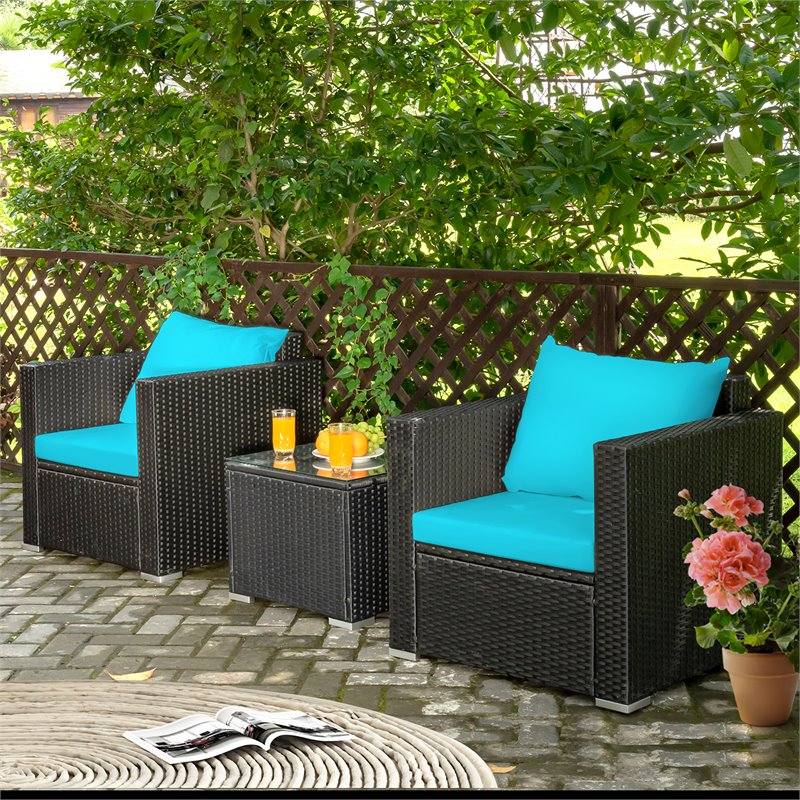 Pemberly Row 3-piece Rattan Patio Wicker Furniture Set with Cushion in Turquoise