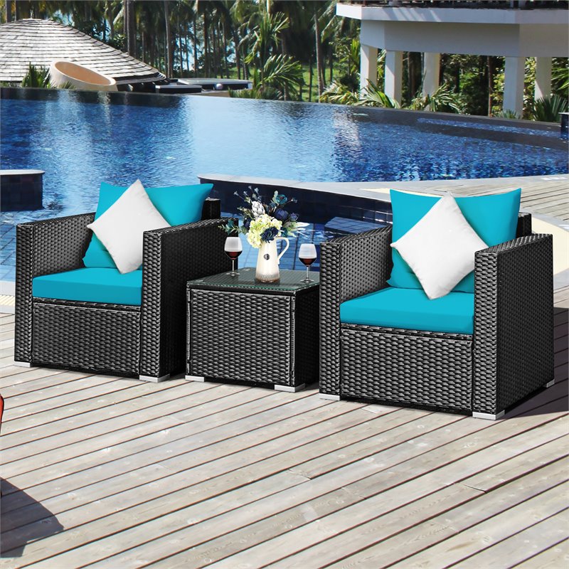 Pemberly Row 3-piece Rattan Patio Wicker Furniture Set with Cushion in Turquoise