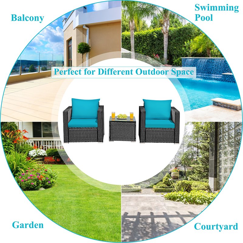 Pemberly Row 3-piece Rattan Patio Wicker Furniture Set with Cushion in Turquoise