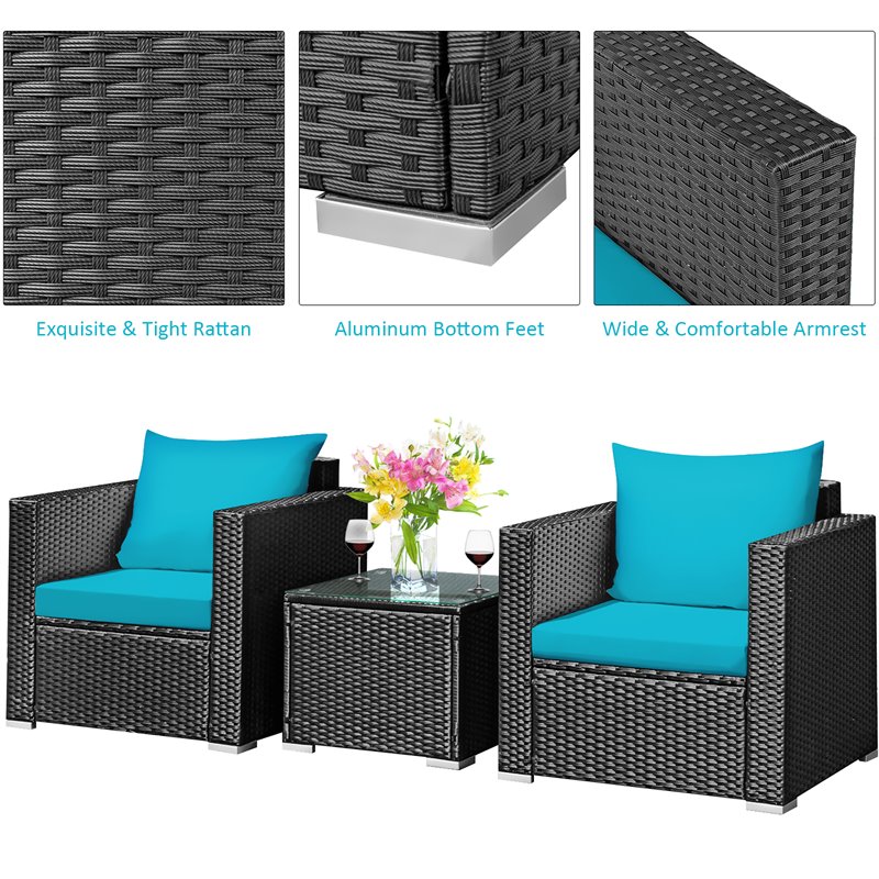 Pemberly Row 3-piece Rattan Patio Wicker Furniture Set with Cushion in Turquoise