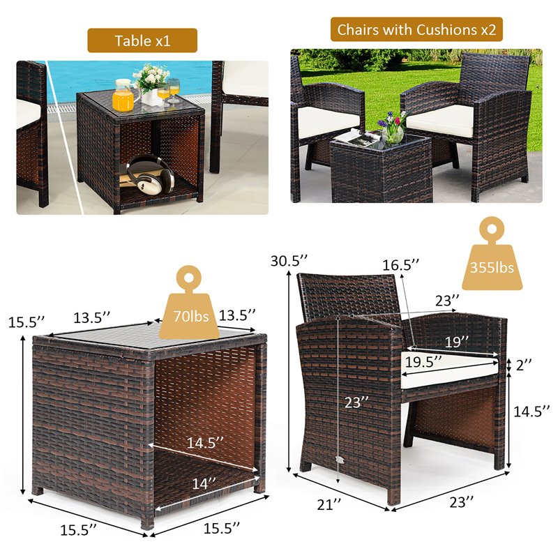 Pemberly Row 3-piece Patio Rattan/Wicker Sofas and Coffee Table in White Cushion