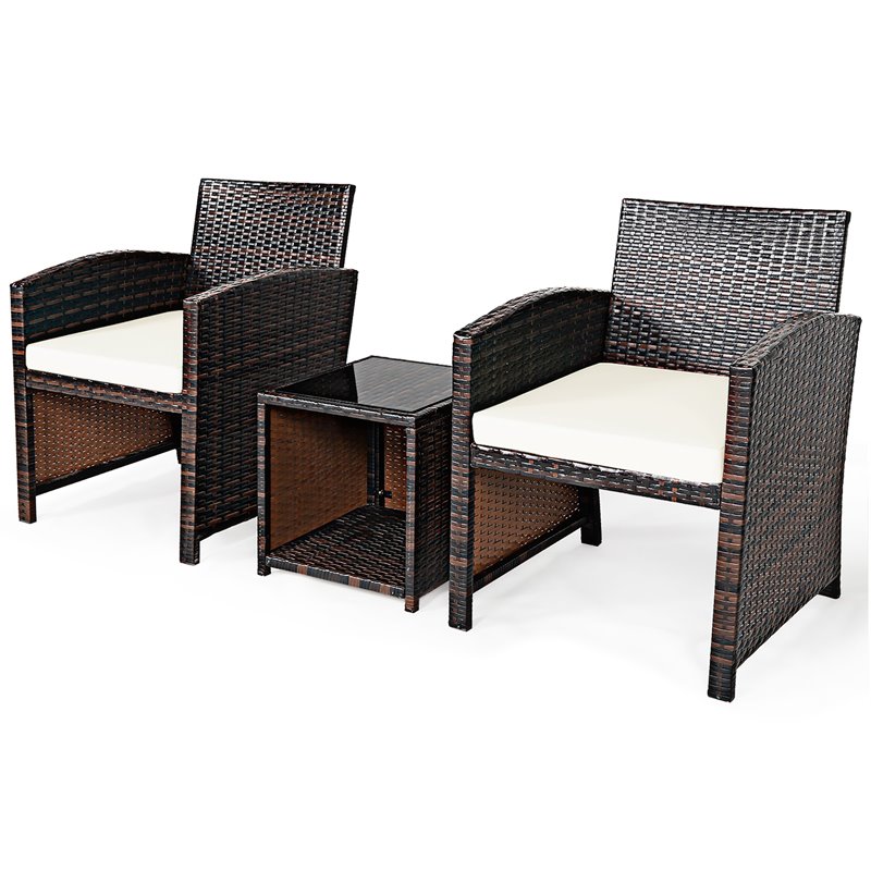 Pemberly Row 3-piece Patio Rattan/Wicker Sofas and Coffee Table in White Cushion