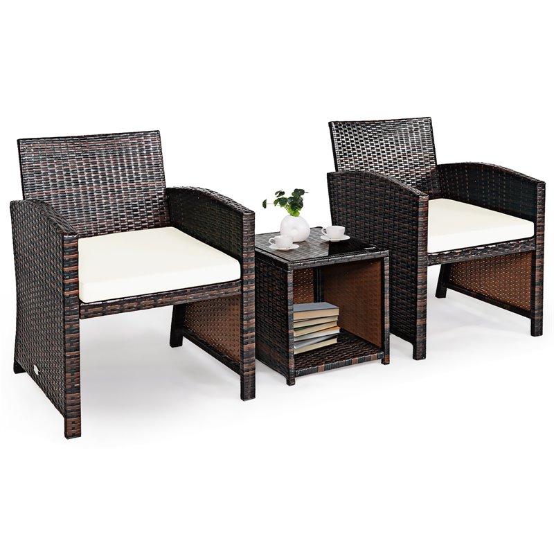 Pemberly Row 3-piece Patio Rattan/Wicker Sofas and Coffee Table in White Cushion