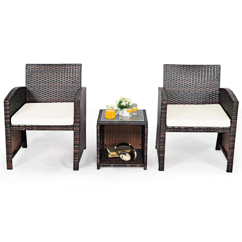 Pemberly Row 3-piece Patio Rattan/Wicker Sofas and Coffee Table in White Cushion