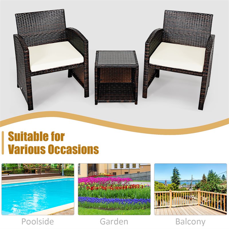 Pemberly Row 3-piece Patio Rattan/Wicker Sofas and Coffee Table in White Cushion