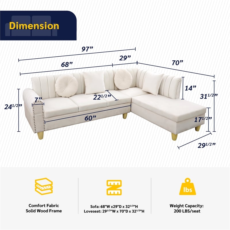 Pemberly Row 2Piece Sectional Microfiber White color L shape Elegant sofa pillow