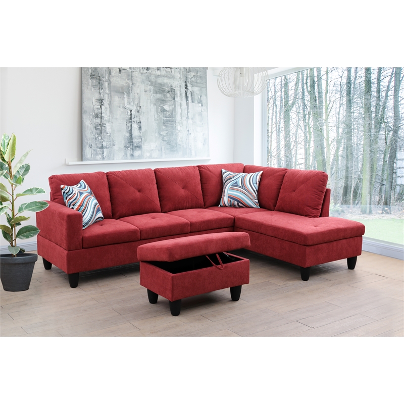 Pemberly Row L Shaped Red Couch w/ Storage Ottoman(Pillows Included) Microfiber