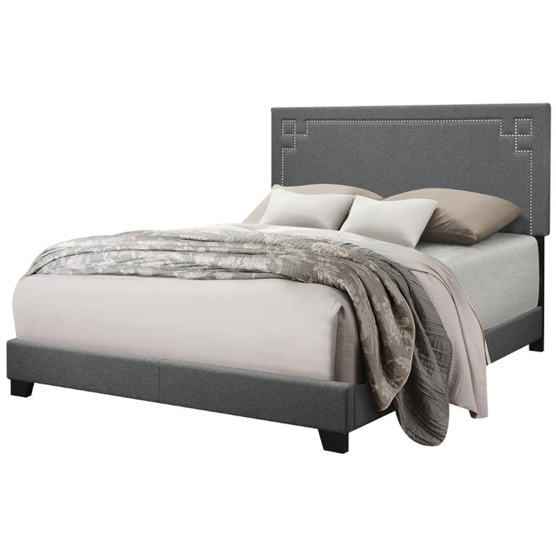 Pemberly Row Contemporary Queen Panel Bed in Gray Finish Fabric