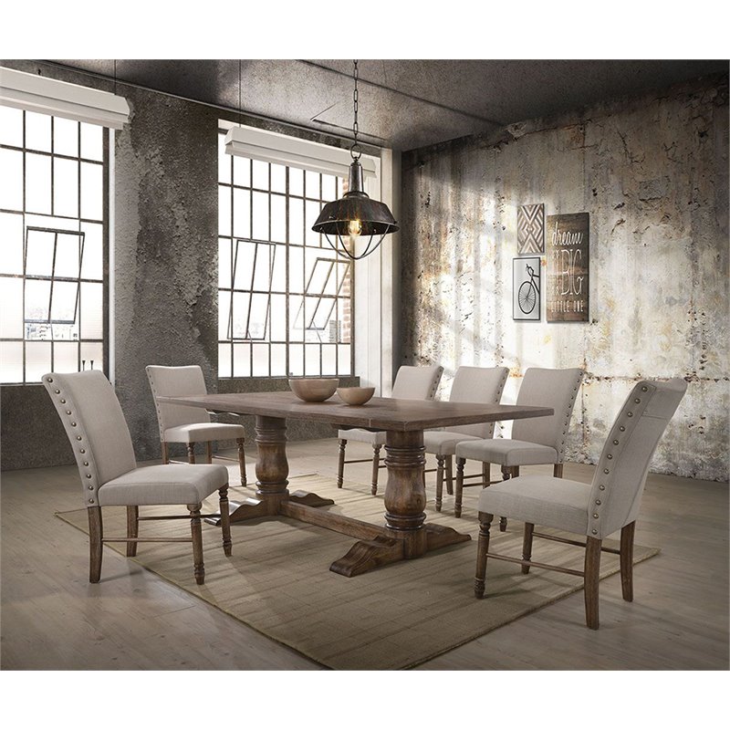 Pemberly Row  Fabric Dining Side Chair in Cream and Weathered Oak