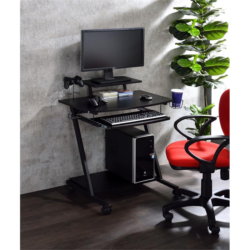 Pemberly Row Wood Top Gaming Table with Metal Frame and Casters in Black