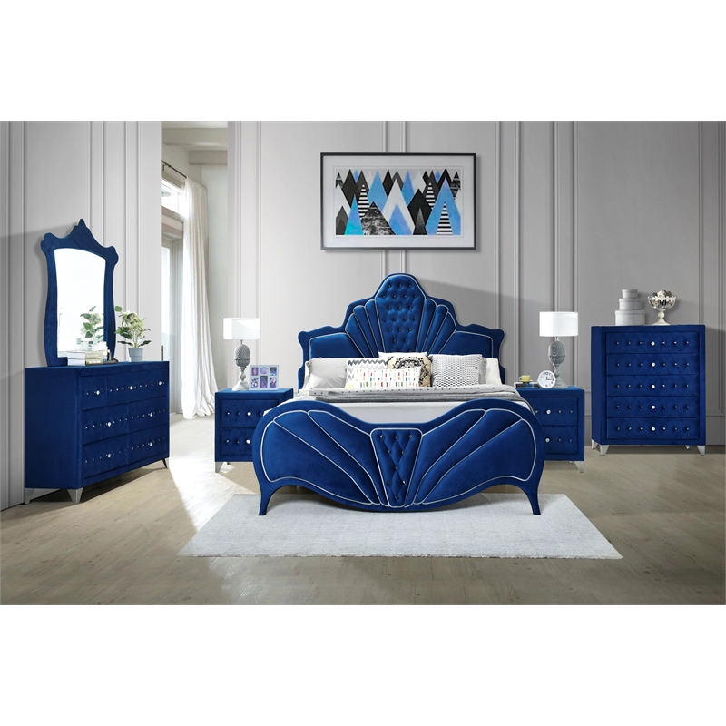Pemberly Row Crystal-Like Knob Velvet Upholstered 2-Drawer Nightstand in Blue