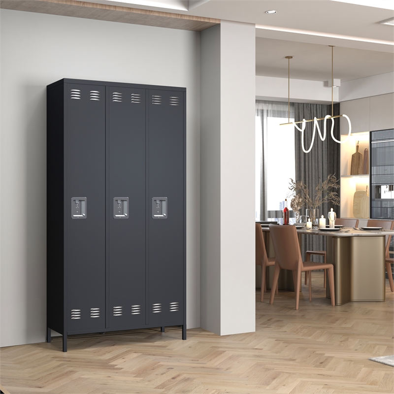 Pemberly Row Metal Locker with 3 Door for School and Employee Dark Gray