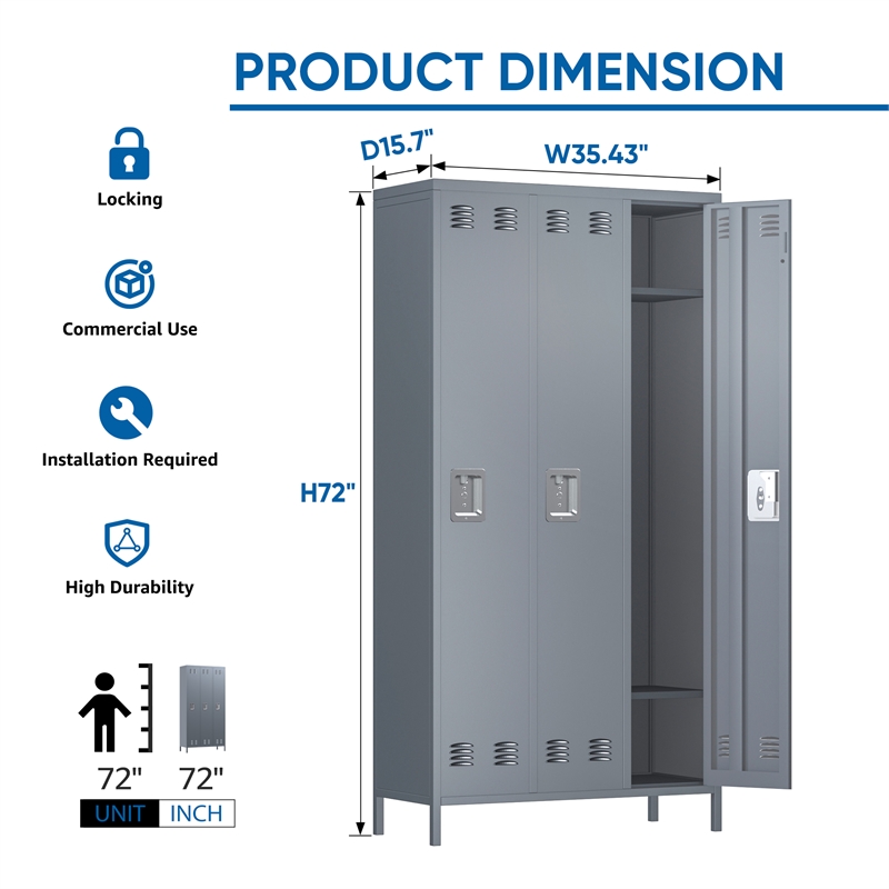 Pemberly Row Metal Locker with 3 Door for School and Employee Light Gray