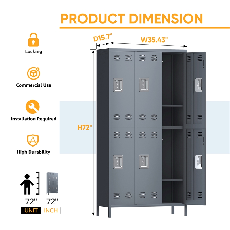 Pemberly Row Metal Lockers with 6 Door for School and Employee Light Gray