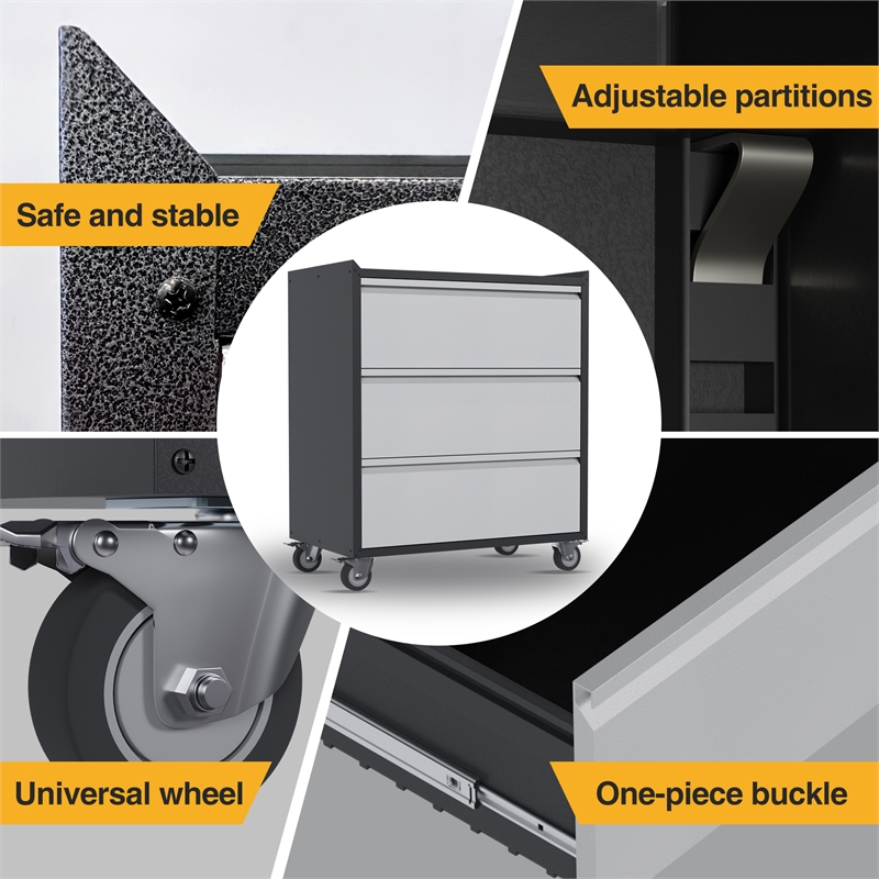 Pemberly Row Three Drawers Metal Garage Storage Cabinet with Wheels in Gray