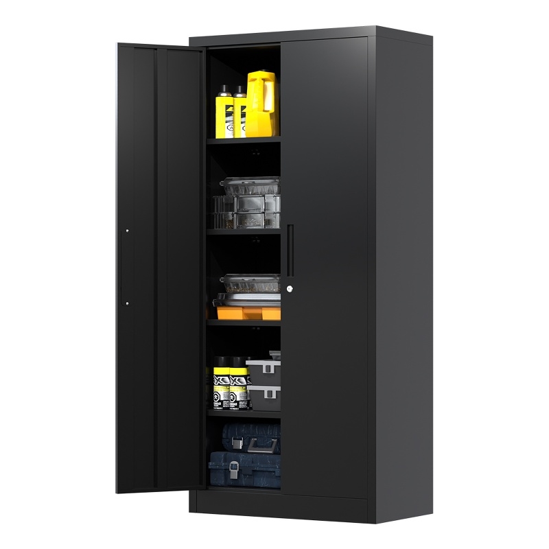 Pemberly Row Metal Garage Storage Cabinet w/ Doors & Lock Steel Locking in Black