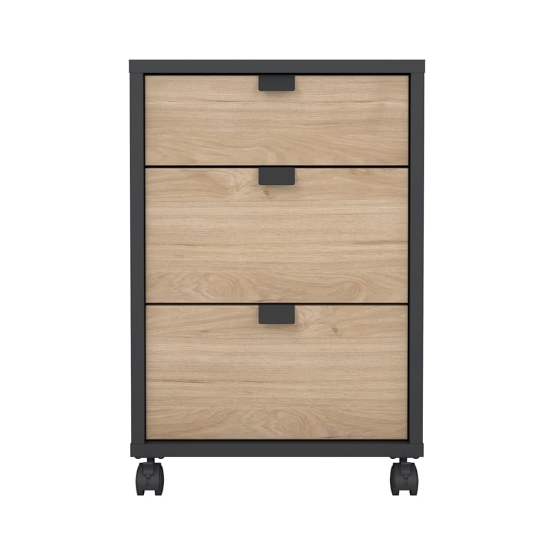 Pemberly Row Mobile Cabinet with 3 Drawers in Matte Grey and Jackson Hickory