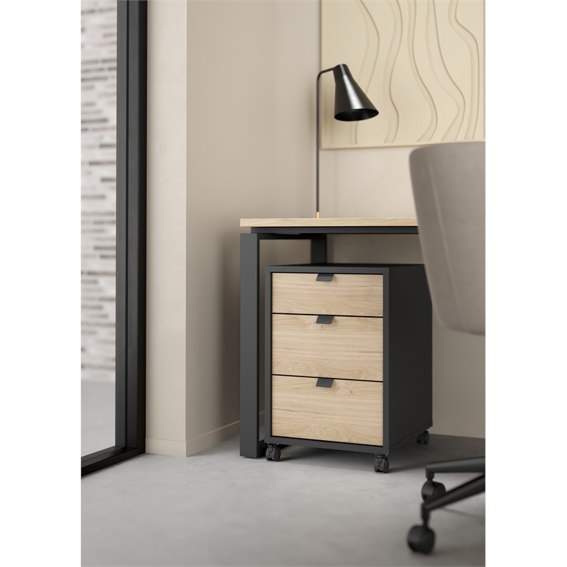 Pemberly Row Mobile Cabinet with 3 Drawers in Matte Grey and Jackson Hickory