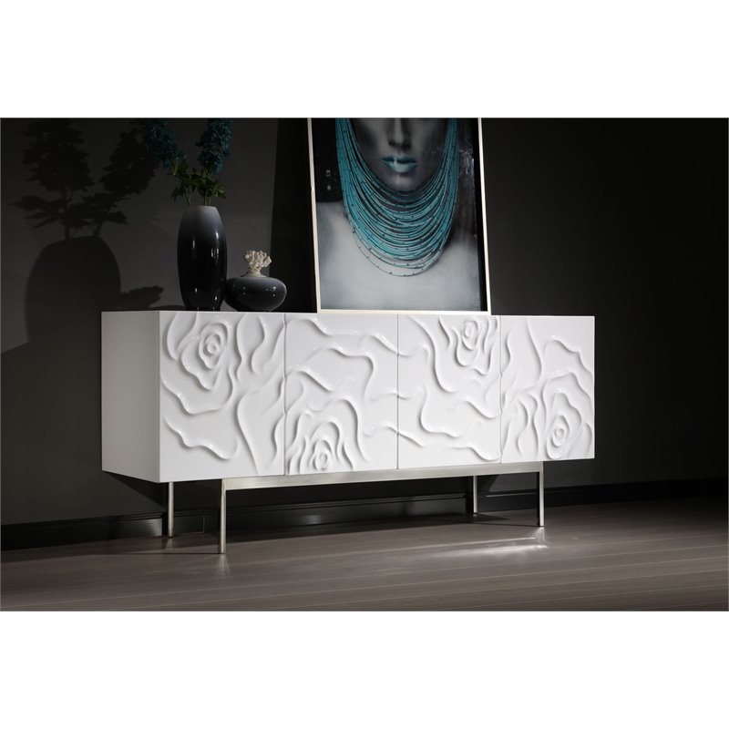 Pemberly Row Modern MDF Wood & Stainless Steel Buffet in High Gloss White