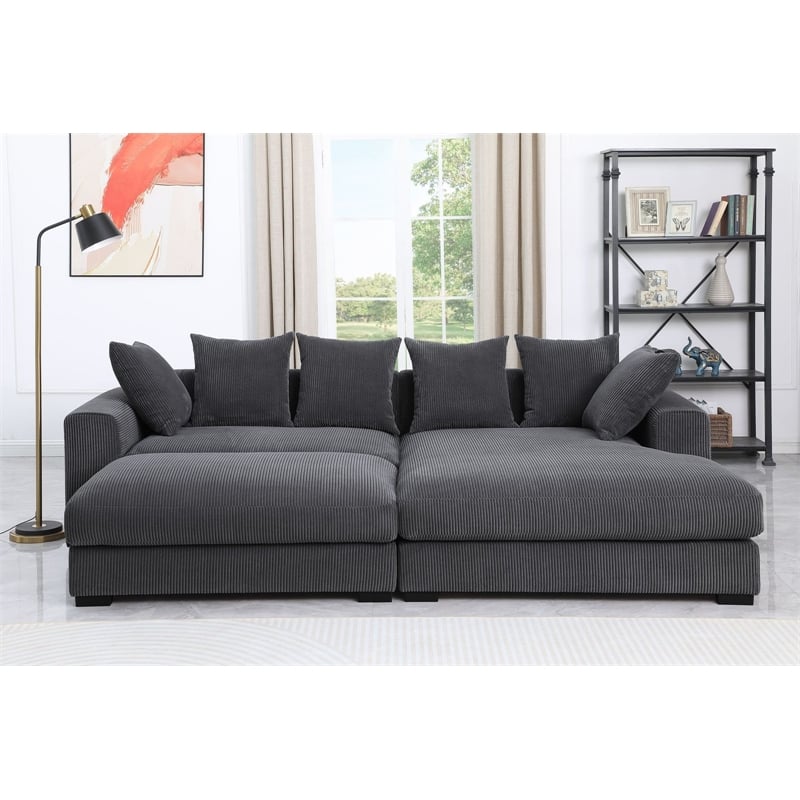 Pemberly Row 4-Piece Corduroy Sectional Sofa With Chaise & Ottoman-Dark Gray