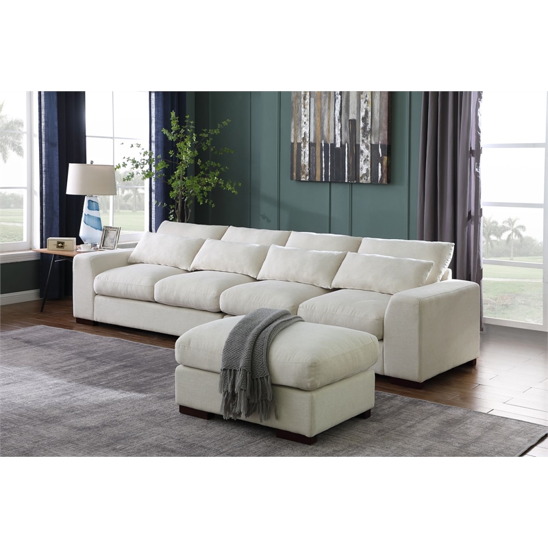Pemberly Row Fabric Square Arm Modular Reversible Sectional Sofa & Ottoman-Beige