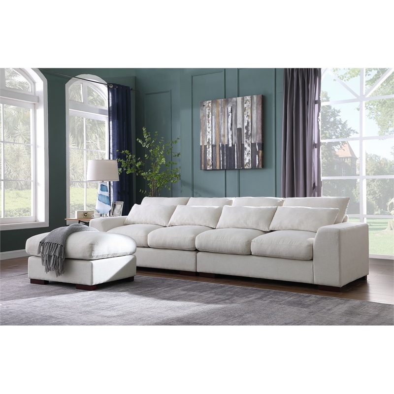 Pemberly Row Fabric Square Arm Modular Reversible Sectional Sofa & Ottoman-Beige