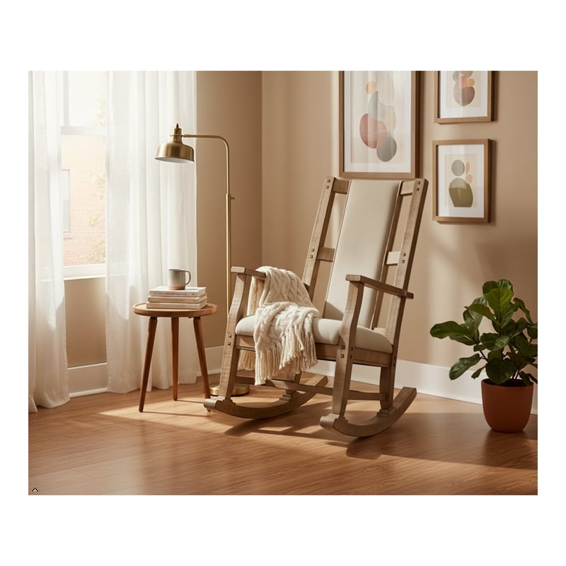 Pemberly Row Mahogany Rocking Chair with Cushion Seat & Back in Beige