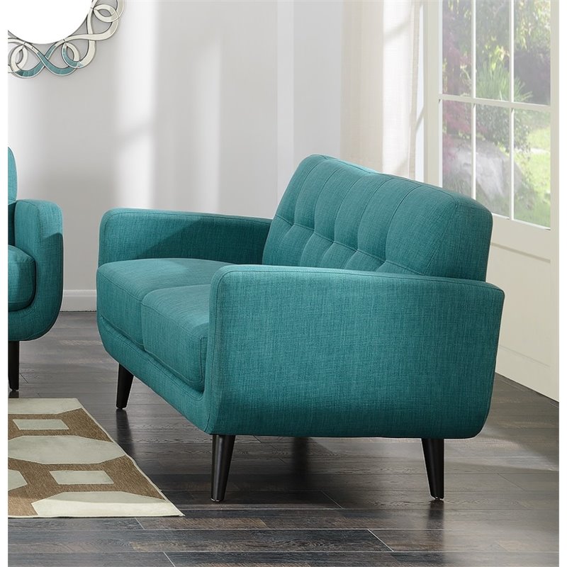 Pemberly Row Mid-Century Tufted Foam Cushion Loveseat in Teal Finish