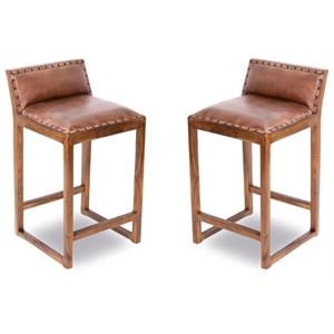Pemberly Row Mid Century Modern Leather Counter Stool in Cognac Tan - Set of 2