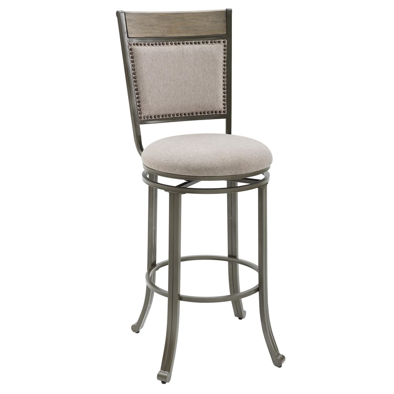 Pemberly Row Upholstered Bar Stool Set with Metal Base in Pewter - Set of 3