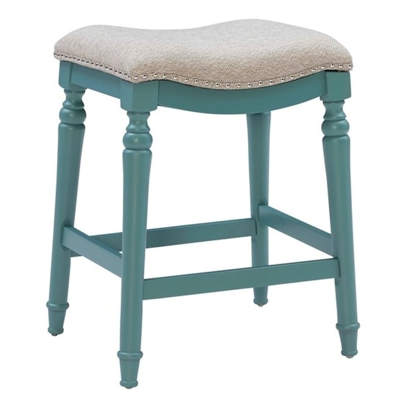 Pemberly Row Saddle Polyester Upholstery Wood Counter Stool in Blue - Set of 3