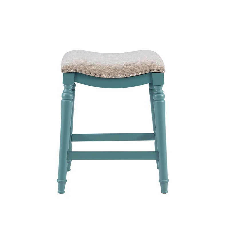Pemberly Row Saddle Polyester Upholstery Wood Counter Stool in Blue - Set of 3