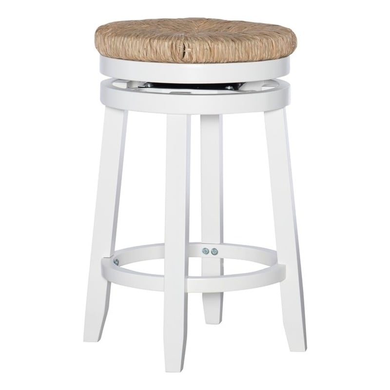Pemberly Row Swivel Rush Wood Counter Stool in White - Set of 3