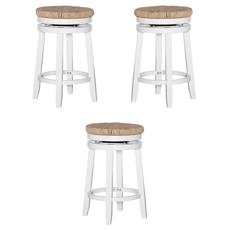Pemberly Row Swivel Rush Wood Counter Stool in White - Set of 3