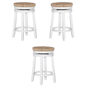 Pemberly Row Swivel Rush Wood Counter Stool in White - Set of 3
