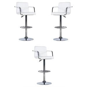 Pemberly Row Quilted Back Metal Swivel Bar Stool in Chrome and White - Set of 3