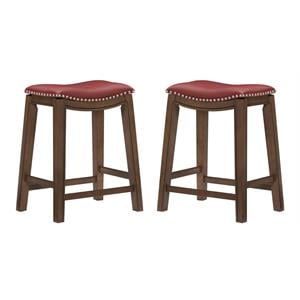 Pemberly Row 24&quot Faux Leather Saddle Counter Stool in Red - Set of 2
