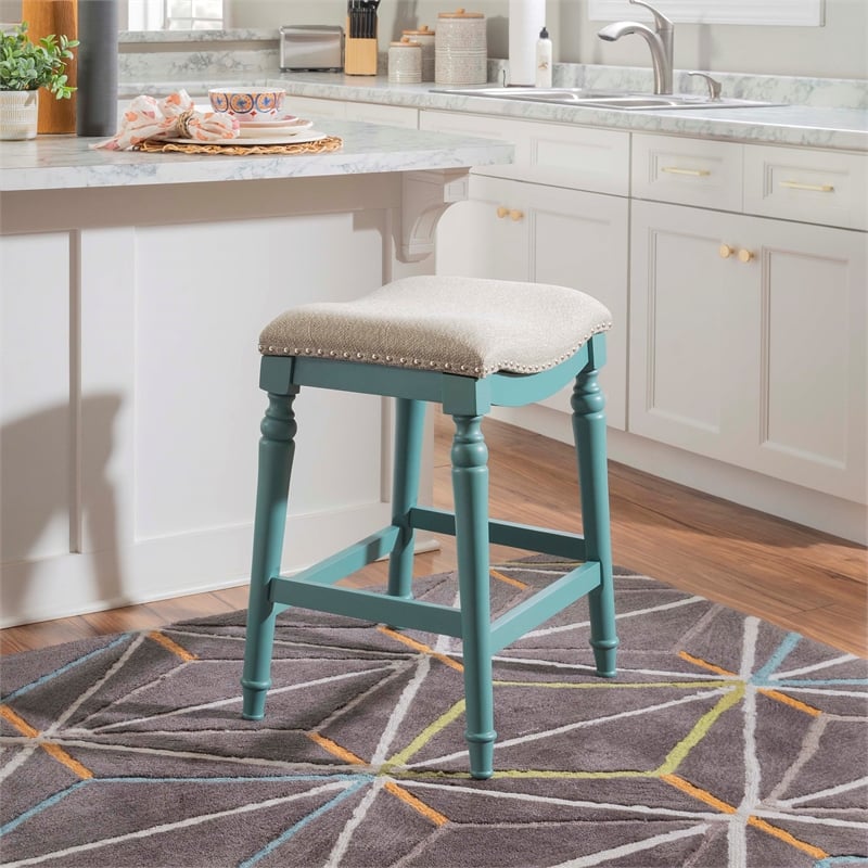 Pemberly Row Saddle Polyester Upholstery Wood Counter Stool in Blue - Set of 2